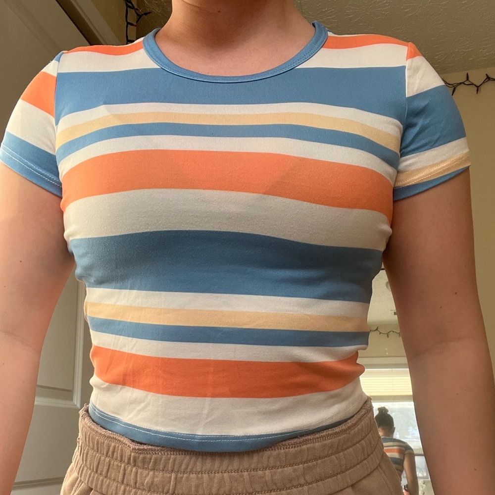 Cropped American Eagle Orange and Blue Striped Cropped Top